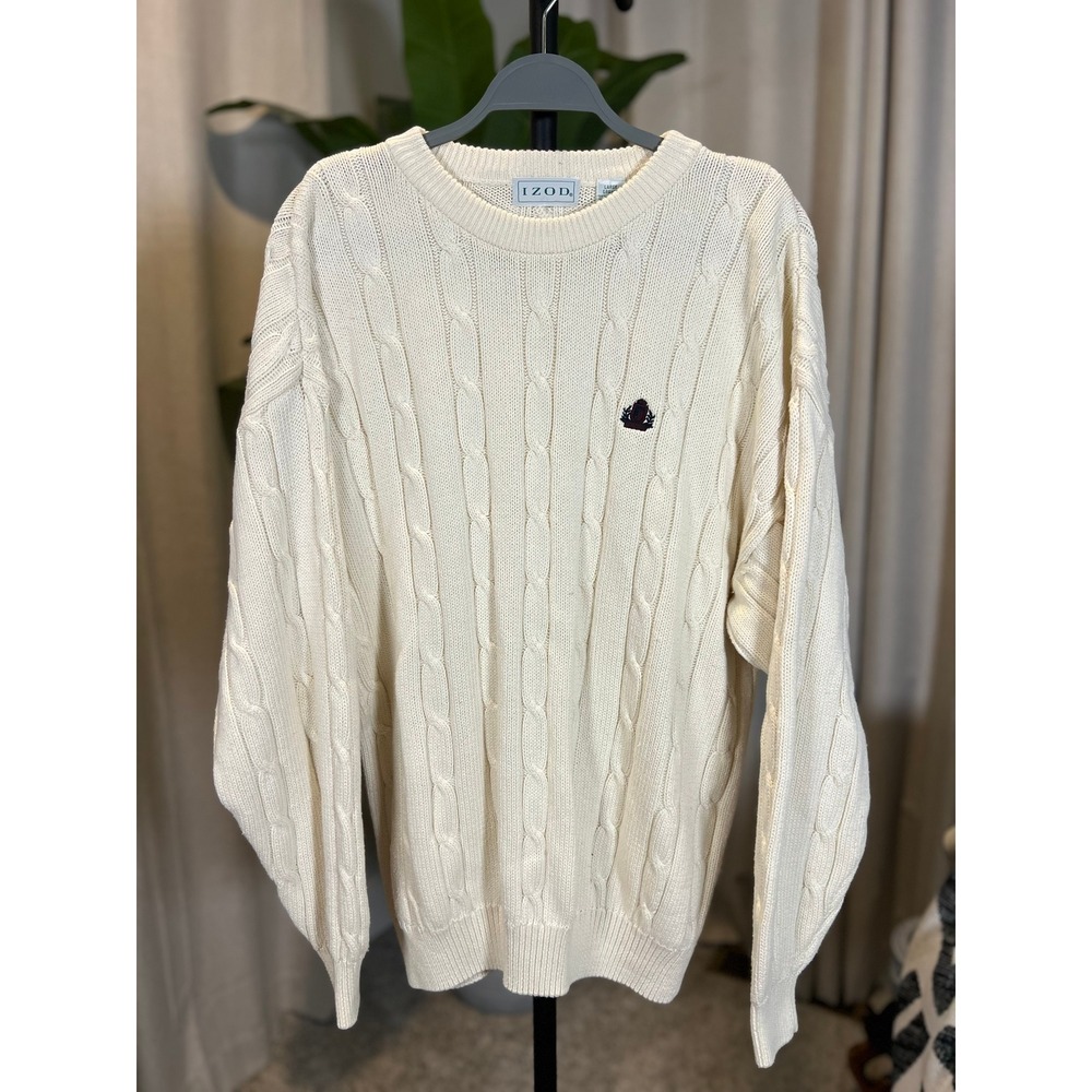 IZOD Mens Cream Cable Knit Cotton Crew Neck Sweater Large Embroidered Crest Logo